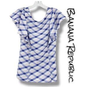 Banana Republic Blue and White Checkered Ruffle Sleeve Top Career Womens Size 6